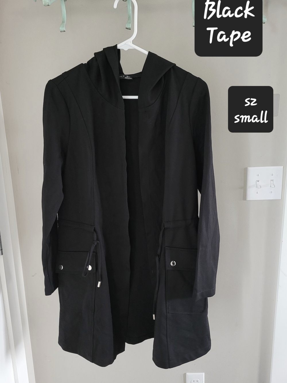 Black Tape_ Hooded Open Black Jacket - Small
